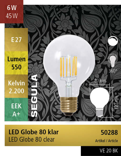 LED GLOBE 80 HELDER E27 6 WATT 2200K SEGULA